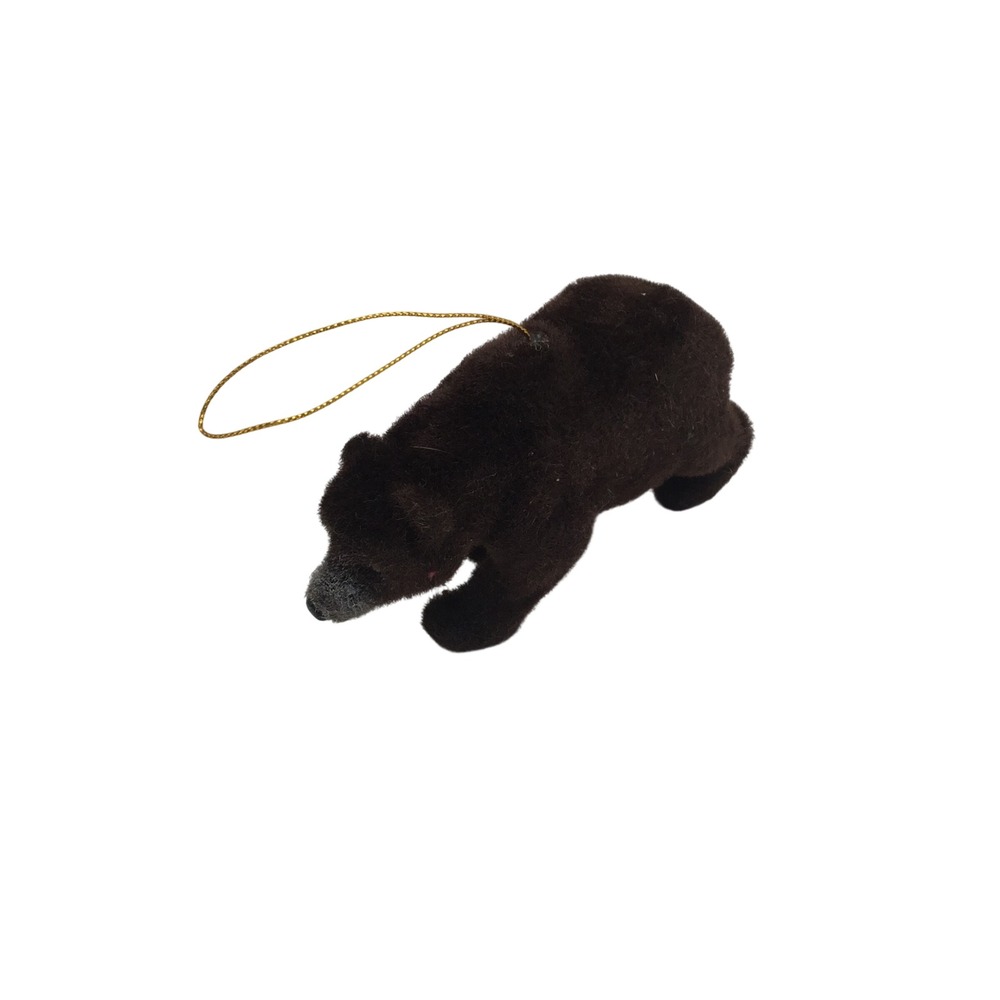 Vintage Flocked Grizzly Bear Christmas Ornament Brown Fuzzy Woodland Wildlife 4"